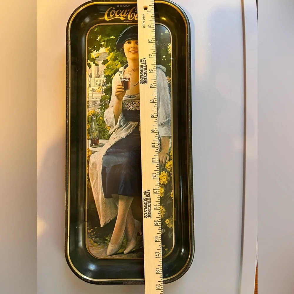 1973 Coke Tray Coca Cola Vintage Tin Rolling Serving Long Woman Glass Blue Hat